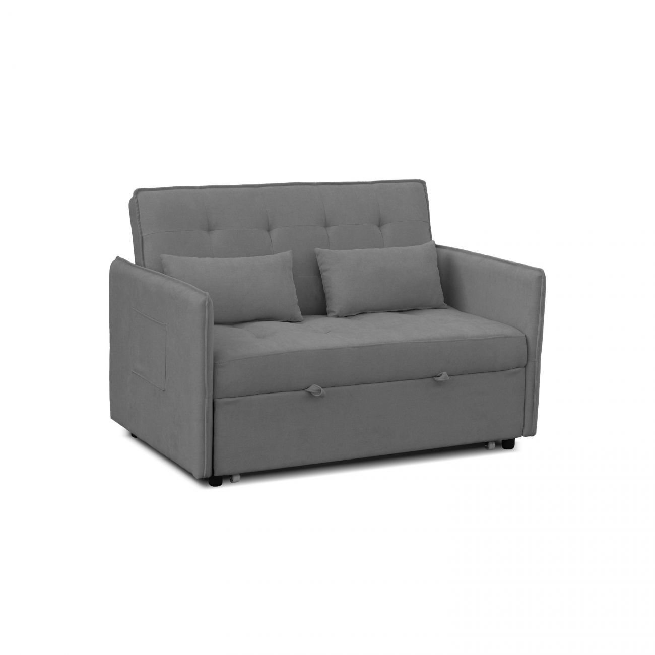 Sofá-cama cinzento com almofadas e botões no encosto