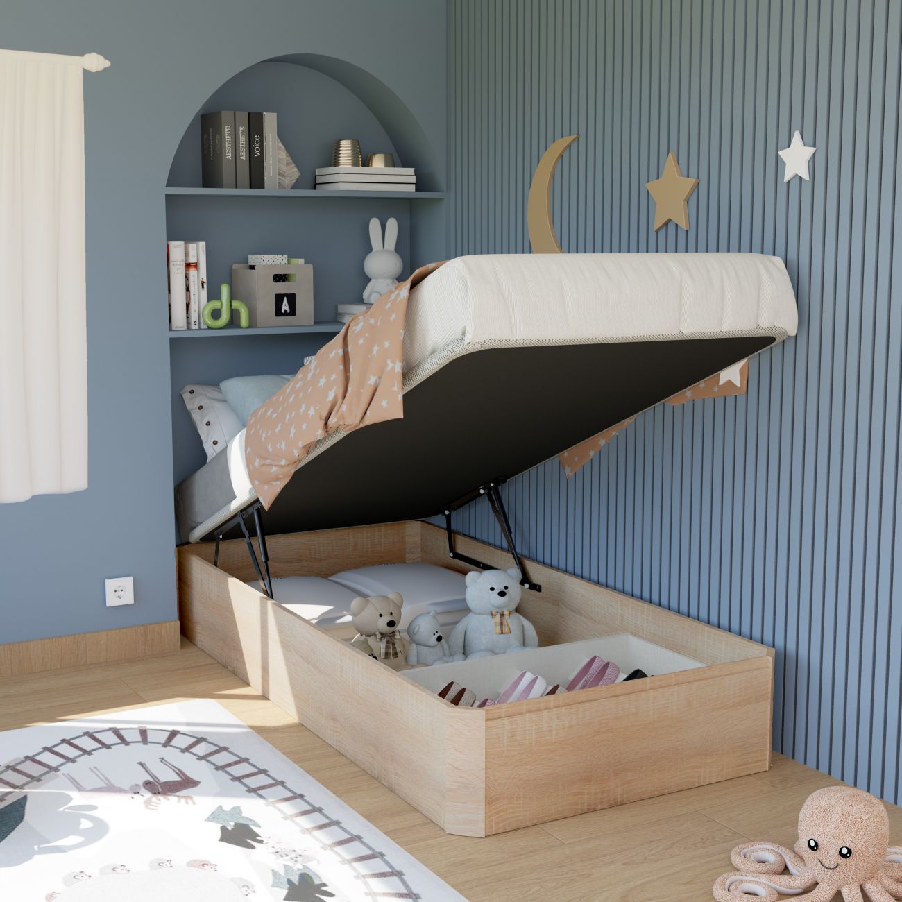 Cama infantil com colchão branco elevado e arrumação interior num quarto azul com decoração de estrelas e prateleiras