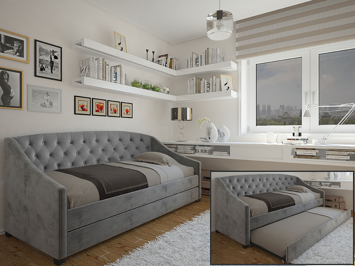 Sofá-cama cinzento acolchoado em sala com estantes, área de trabalho e janela com estores