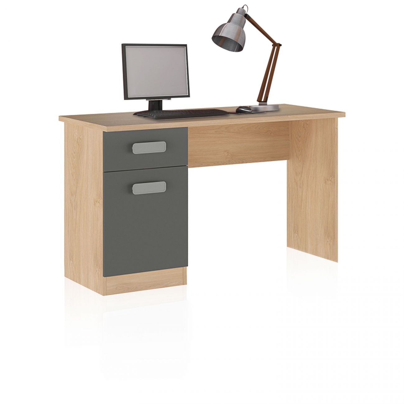 Mesa de escritório madeira clara com gavetas cinza, monitor e candeeiro