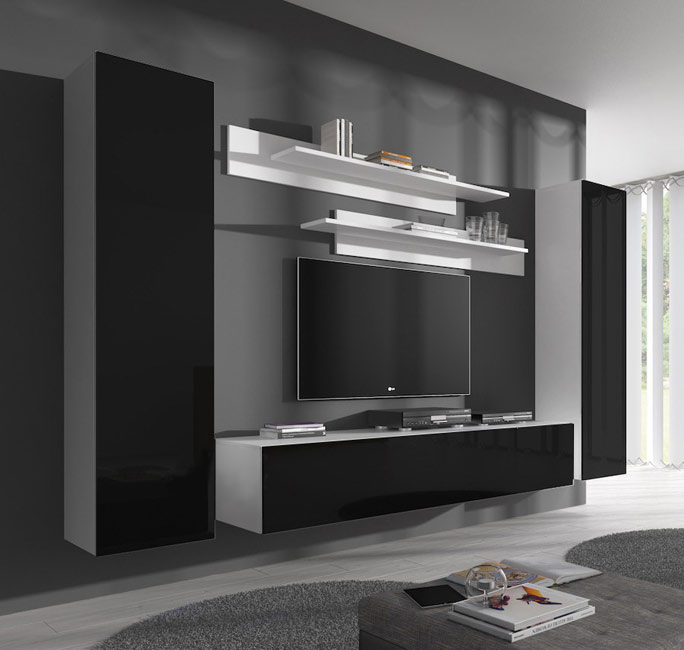 Móvel de sala de estar preto brilhante com prateleiras brancas e televisão