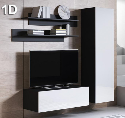 Conjunto modular preto e branco com estantes, móvel TV e coluna na parede clara