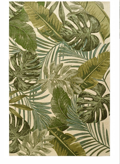 tapete retangular com padrão de folhas tropicais em vários tons de verde e bege