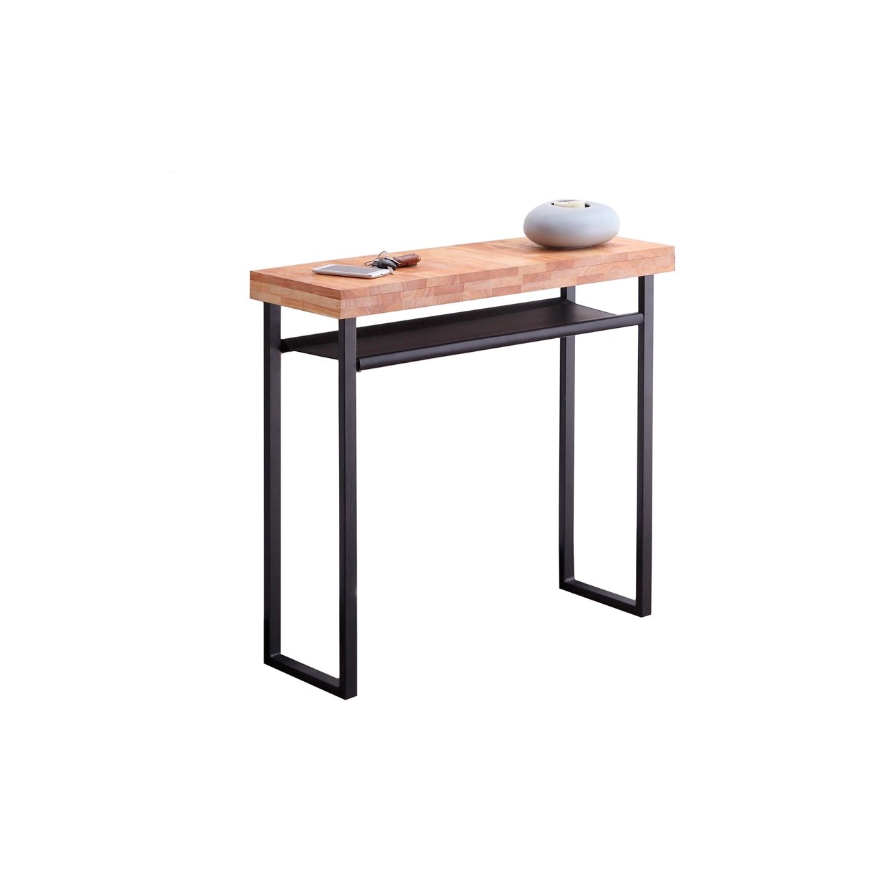 Mesa alta de madeira com base preta e objetos decorativos