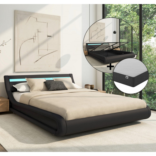 Cama preta contemporânea com colchão e compartimento de arrumação