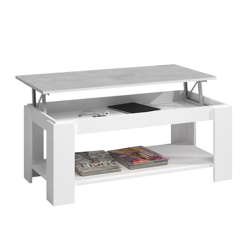 Mesa de centro branca com tampo elevatório cinza e prateleira com revistas