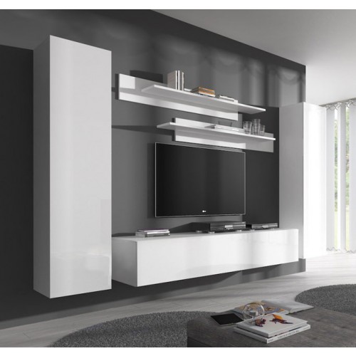 Conjunto de móveis brancos brilhantes para sala de estar com TV e prateleiras