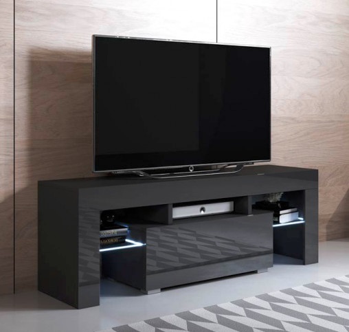 Móvel para televisão preto brilhante com televisão de ecrã plano