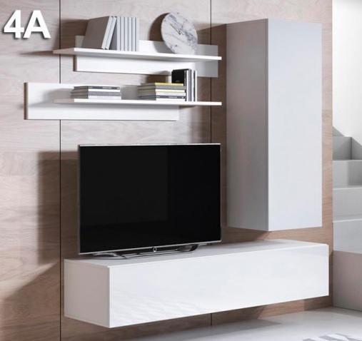 Conjunto móvel branco para sala com prateleiras e armário montado na parede e TV