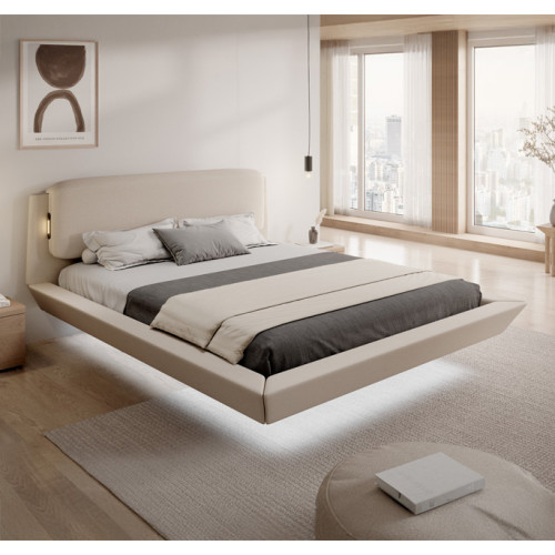 Quarto moderno com cama flutuante bege e roupa de cama cinza