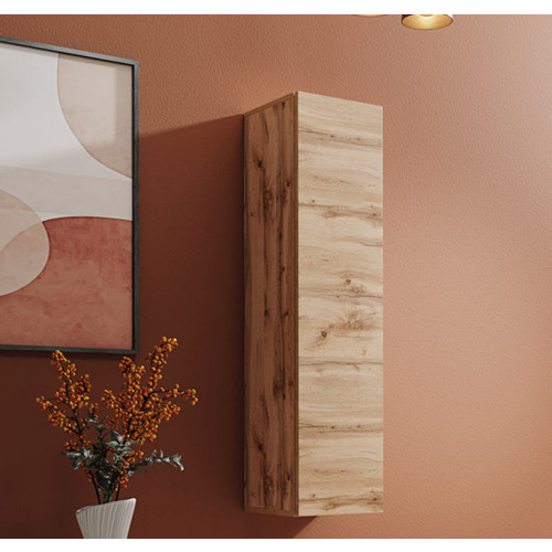 Armário de parede em madeira clara numa parede terracota com vaso e quadro abstrato