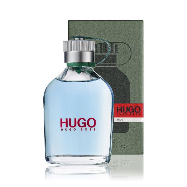 Frasco de perfume Hugo Boss com embalagem verde e detalhe vermelho
