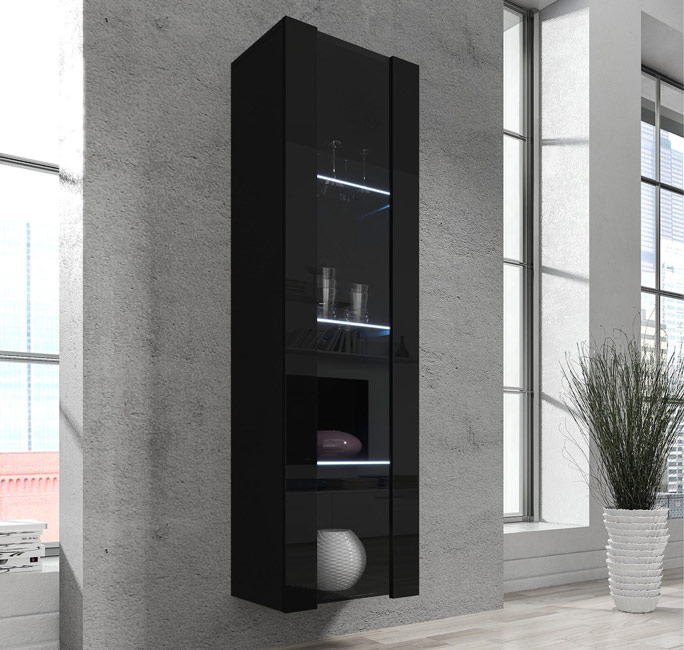 móvel de parede alto preto brilhante com portas de vidro