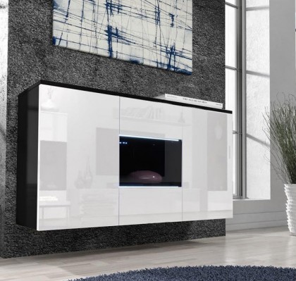 Móvel de parede suspenso preto e branco com portas lacadas e espaço central aberto