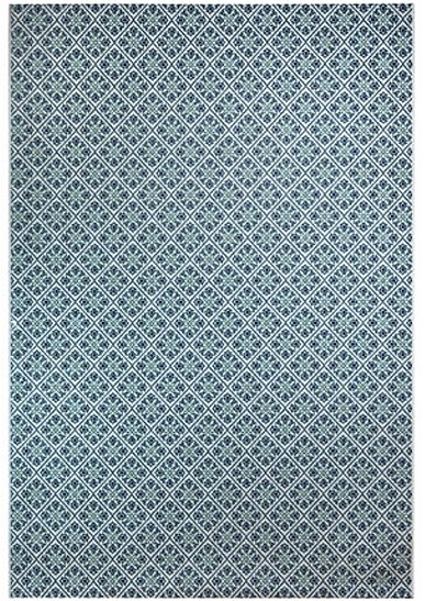 Tapete azul e branco com padrão repetido de losangos geométricos.