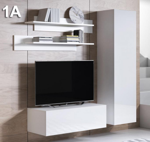 Móvel branco para sala com televisão preta e prateleiras com livros