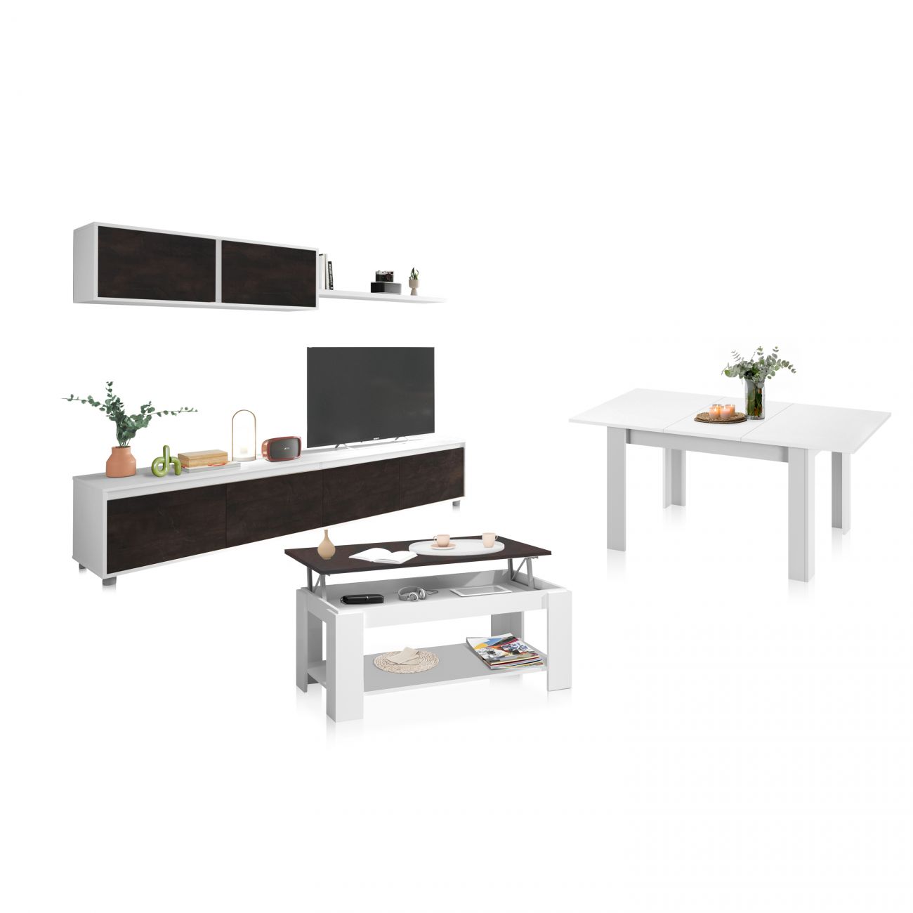 Conjunto de móveis para sala branco com detalhes castanhos escuros e decoração