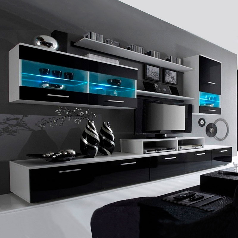 Conjunto de móveis para sala de estar preto e branco com iluminação azul