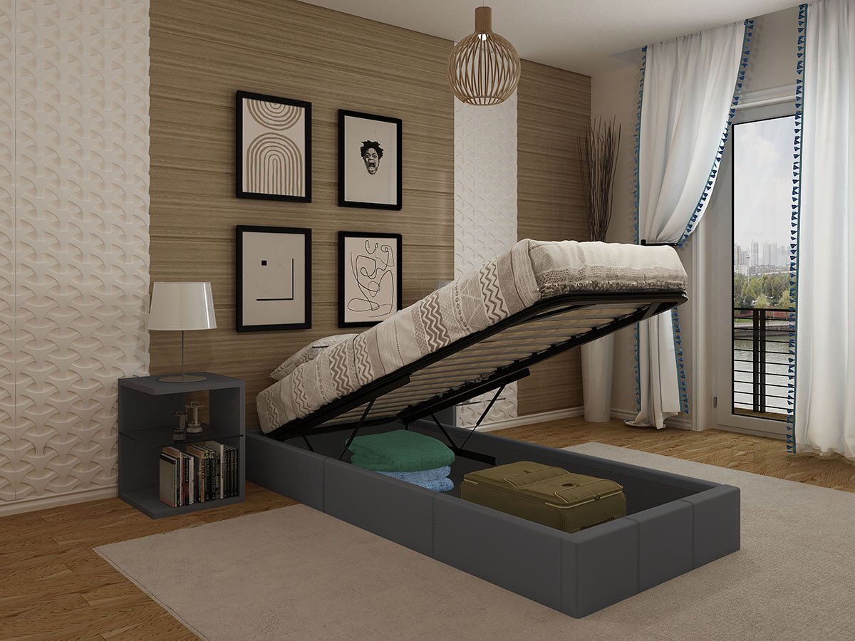 Cama com armazenamento aberto num quarto com decoração moderna, quadros na parede e janela com cortinas