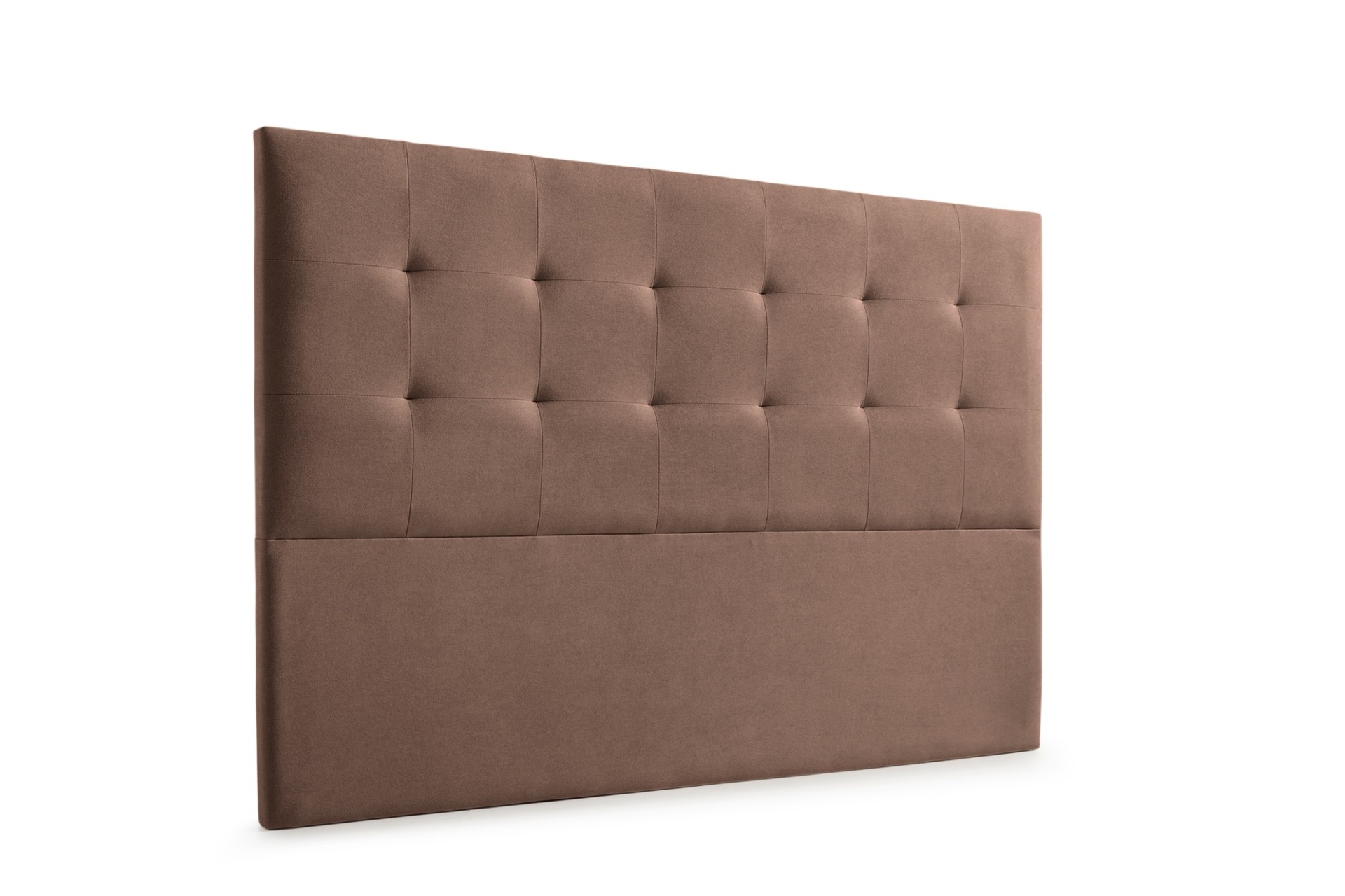Cabeceira de cama estofada castanha com detalhes acolchoados e padrão de botões