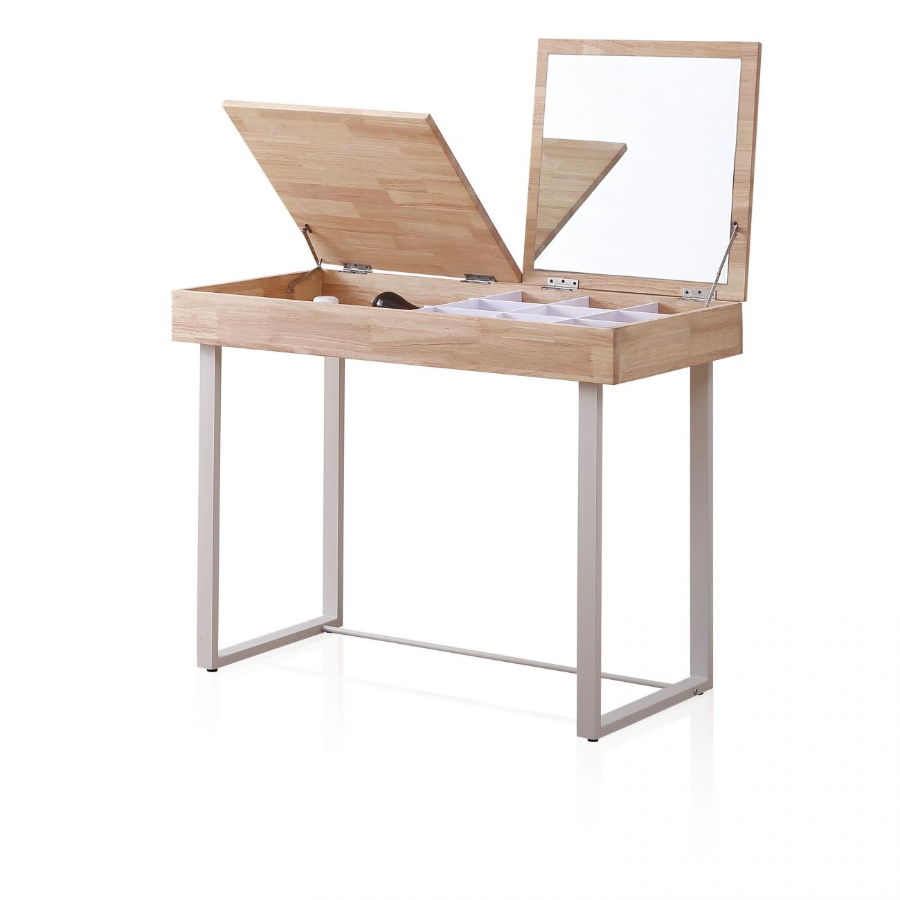 Mesa com tampo articulado em madeira clara e espelho, estrutura metálica prateada