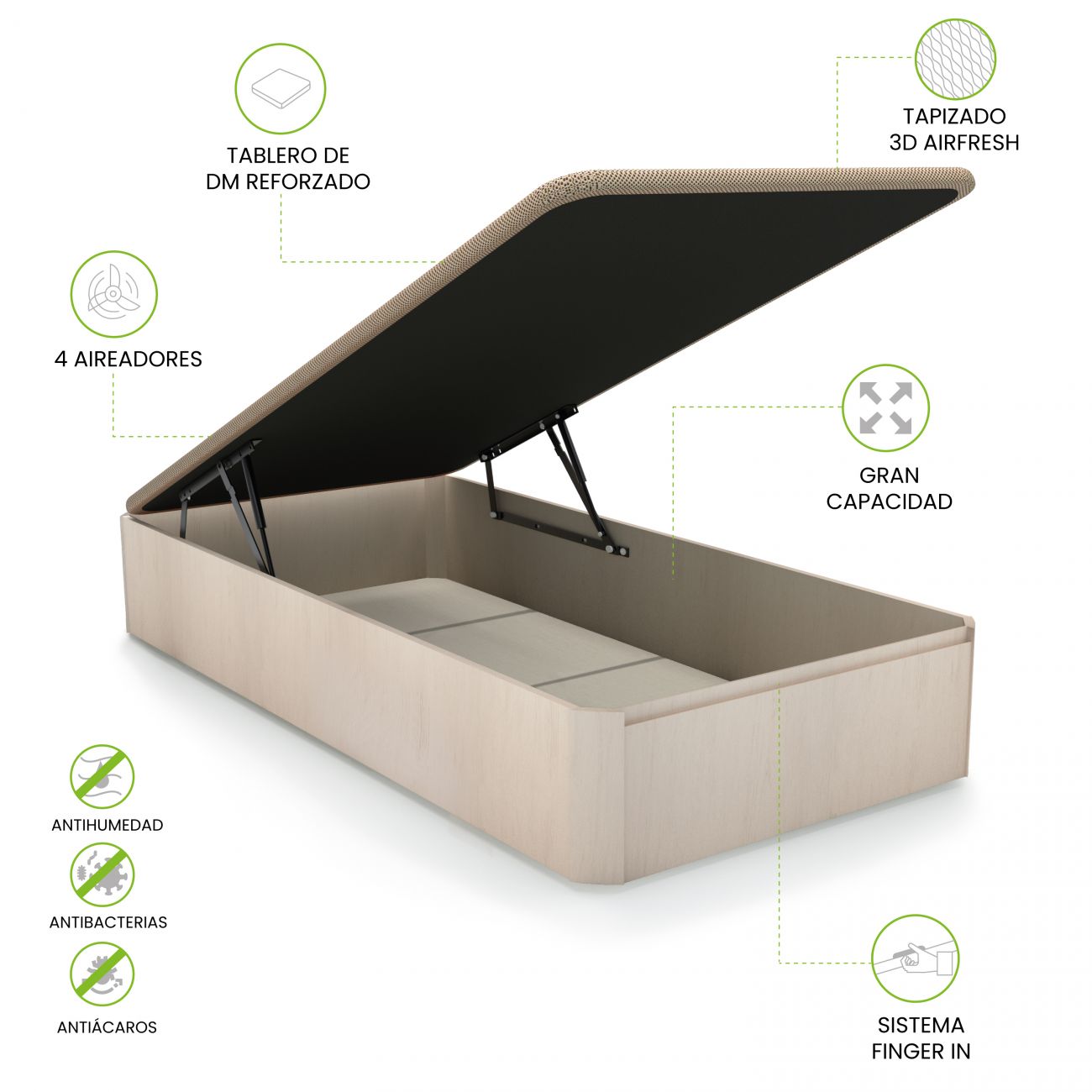 Base de cama com sistema de armazenamento e tampa preta revestida em tecido 3D Airfresh