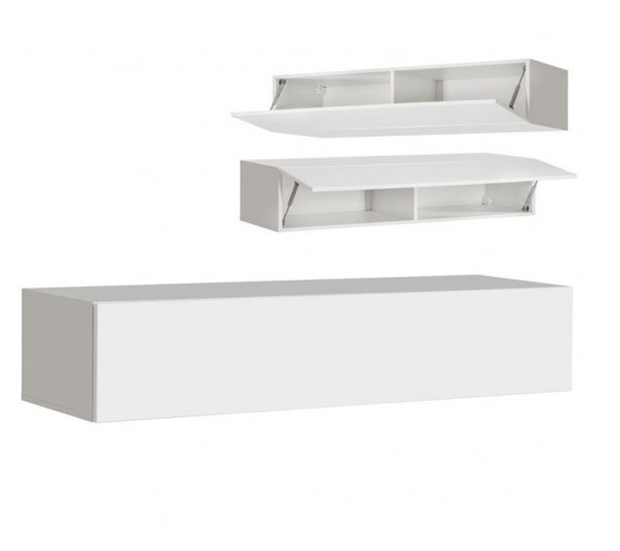 Três móveis de parede brancos minimalistas com portas basculantes abertas