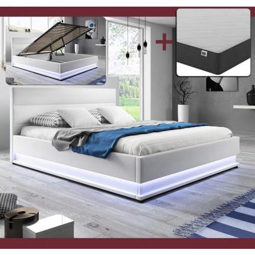 Cama moderna branca com iluminação LED na base e colchão branco com rebordo cinza