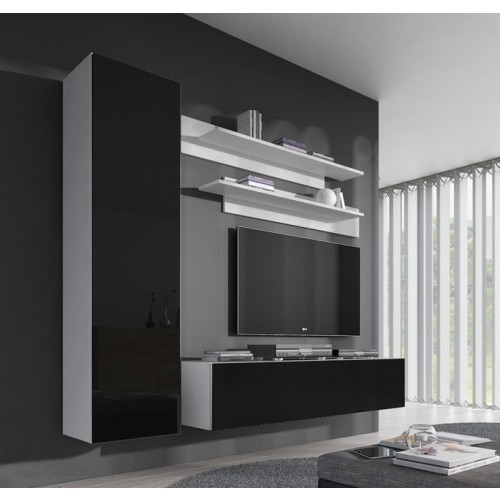 Móvel de sala de estar preto brilhante e branco com TV e prateleiras em ambiente cinzento