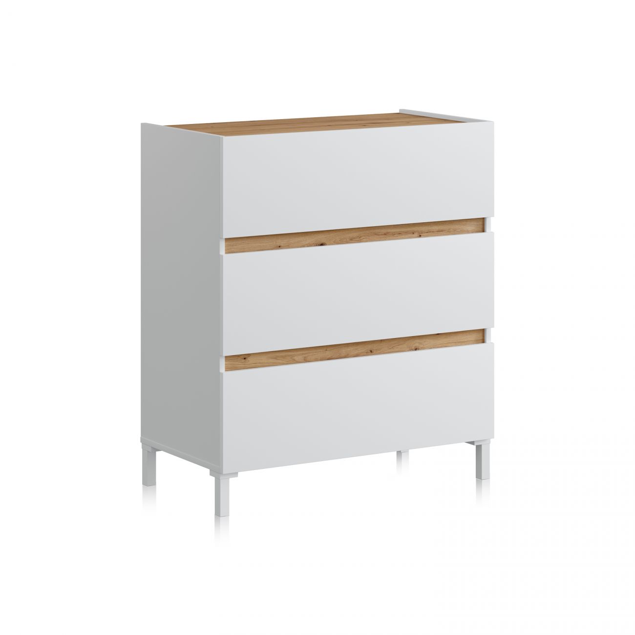 Cómoda branca com três gavetas e detalhes em madeira clara