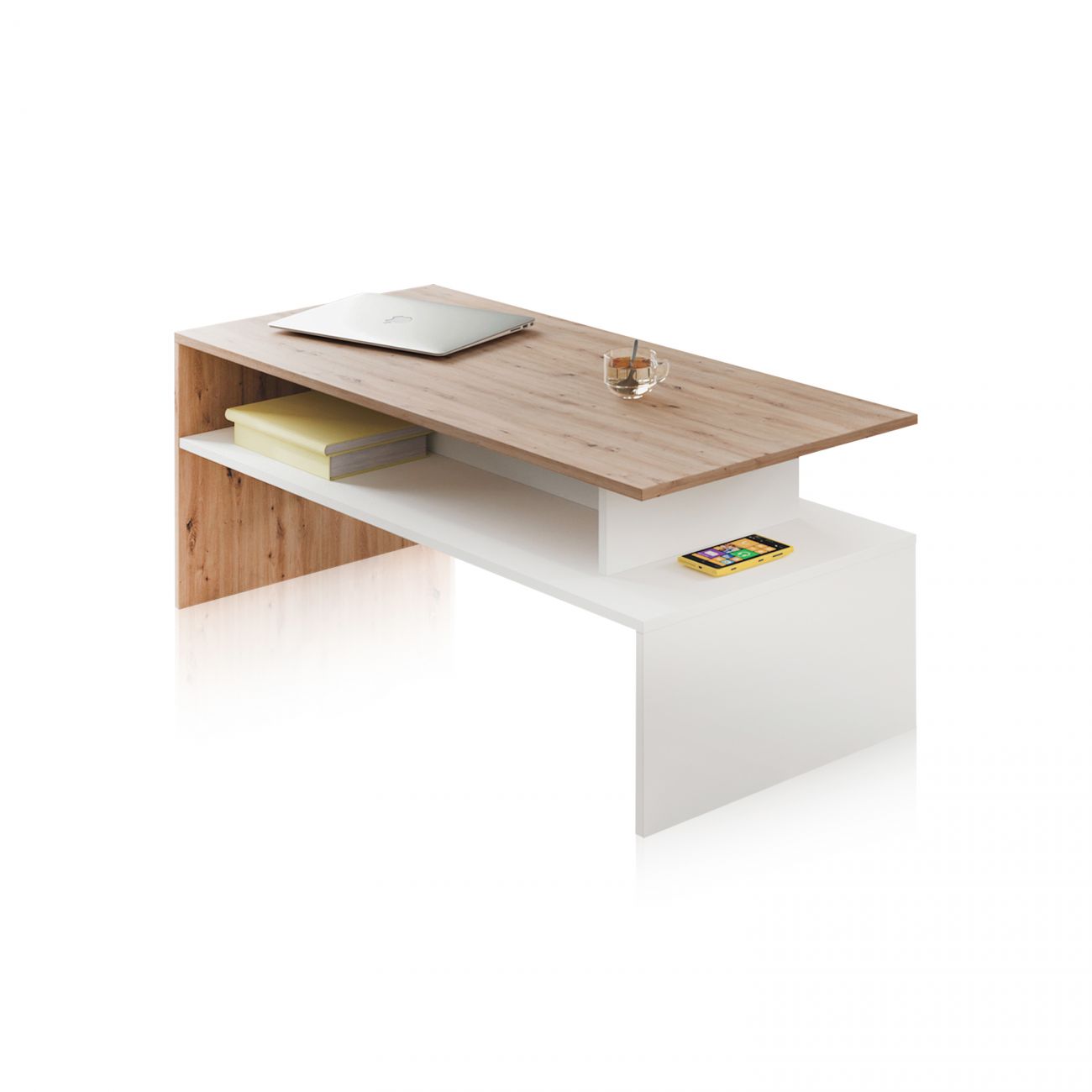Mesa de centro moderna em madeira clara e branco com portátil e chávena