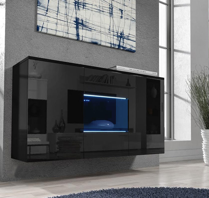 Móvel suspenso preto brilhante com iluminação azul em sala moderna