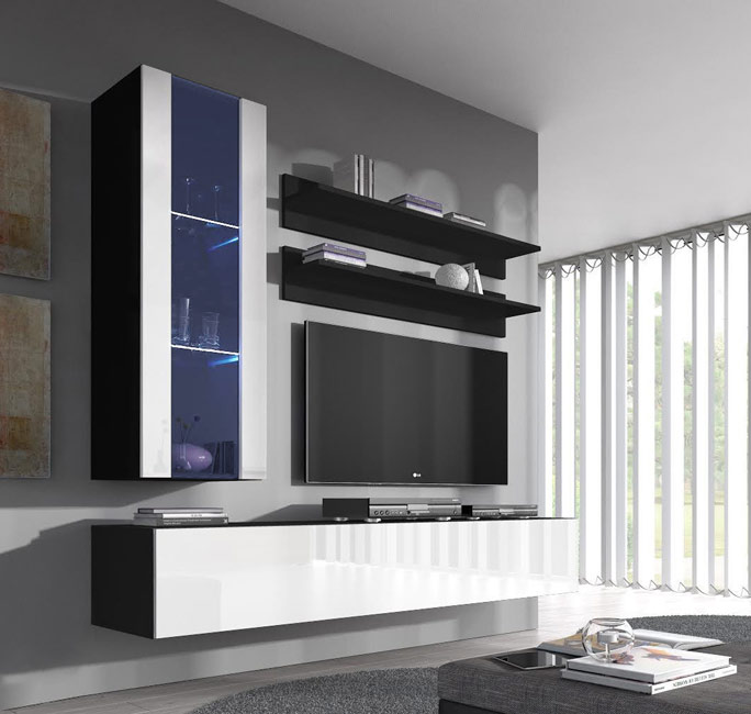 Conjunto de móvel para sala de estar moderno com armário vidro azul, prateleiras pretas e armário branco lacado