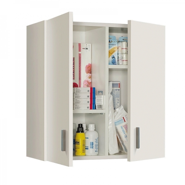 Armário branco de parede aberto com produtos farmacêuticos e de higiene pessoal