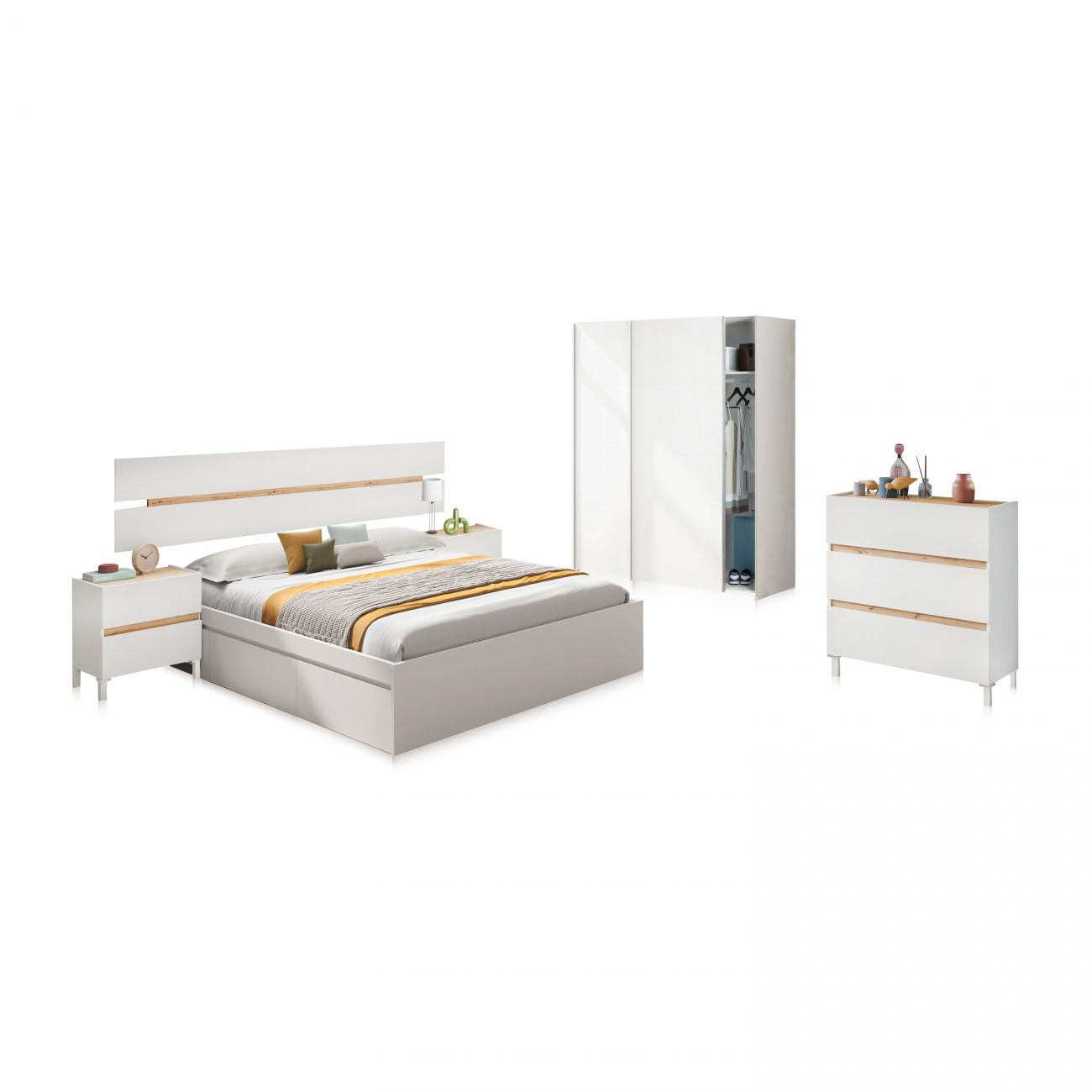 Conjunto de mobiliário de quarto branco com detalhes em madeira clara incluindo cama, mesa de cabeceira, roupeiro e cómoda