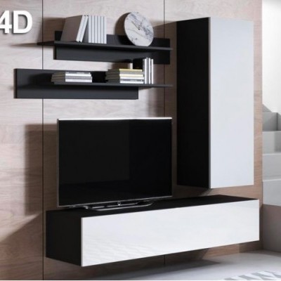 Conjunto de móveis de parede preto e branco com TV e estantes suspensas