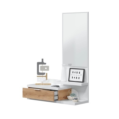 Organizador de parede branco com gaveta de madeira clara, espelho e decoração