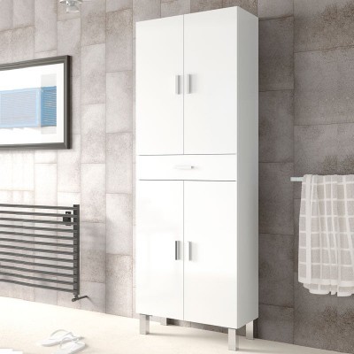 Armário de casa de banho branco com quatro portas e gaveta num ambiente cinzento