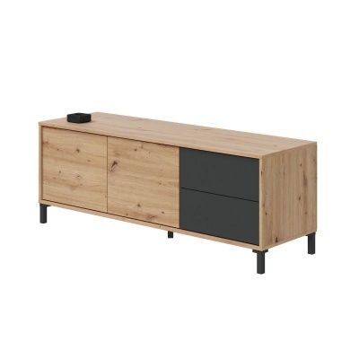 Móvel de madeira clara com portas e gavetas cinza escuro e pés pretos