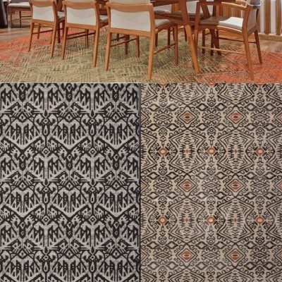 Mesa de madeira clara com seis cadeiras bege sobre tapete grande com padrões geométricos em tons neutros, interior com piso em madeira.