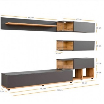 Móvel modular para sala de estar cinza e madeira com várias prateleiras e armários