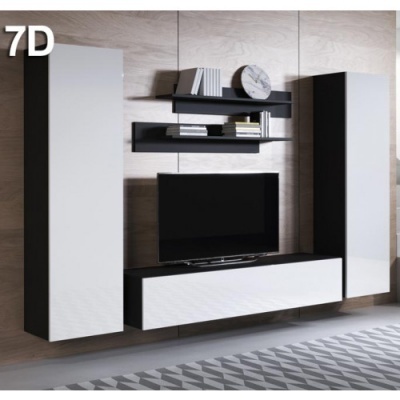 Conjunto de móveis preto e branco com TV e prateleiras numa sala moderna