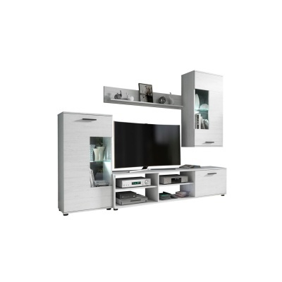 Conjunto de móveis brancos para sala com TV e prateleiras