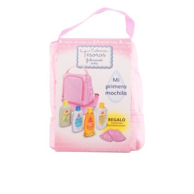 Pack Johnson's baby com mochila rosa, frascos de higiene variados e chinelos rosa em embalagem com alça.