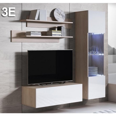 Conjunto de móvel TV em madeira clara e branco com prateleiras e painel cinzento