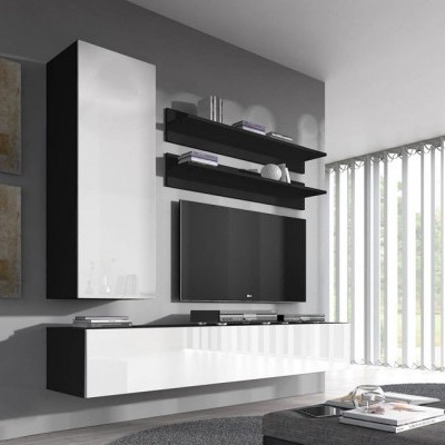 Conjunto moderno de móveis de sala em preto e branco com televisão e prateleiras suspensas