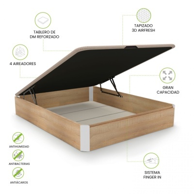 Cama com estrutura de madeira clara e tampo estofado em tecido bege 3D Airfresh aberto