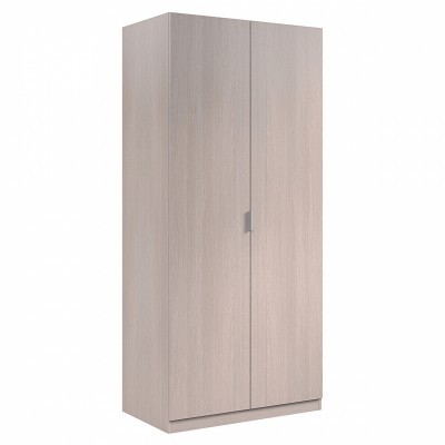 Armário guarda-roupa de madeira clara com duas portas e puxador metálico