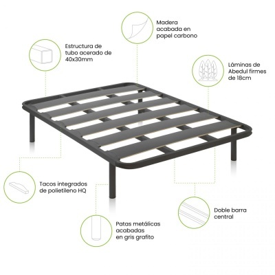 estrutura metálica preta para cama com madeira de abedul e barras de suporte