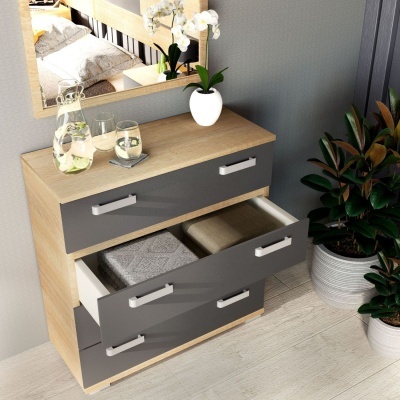 Móvel de madeira com gavetas cinzentas, jarra e copos de vidro, vaso com flores e plantas em pé